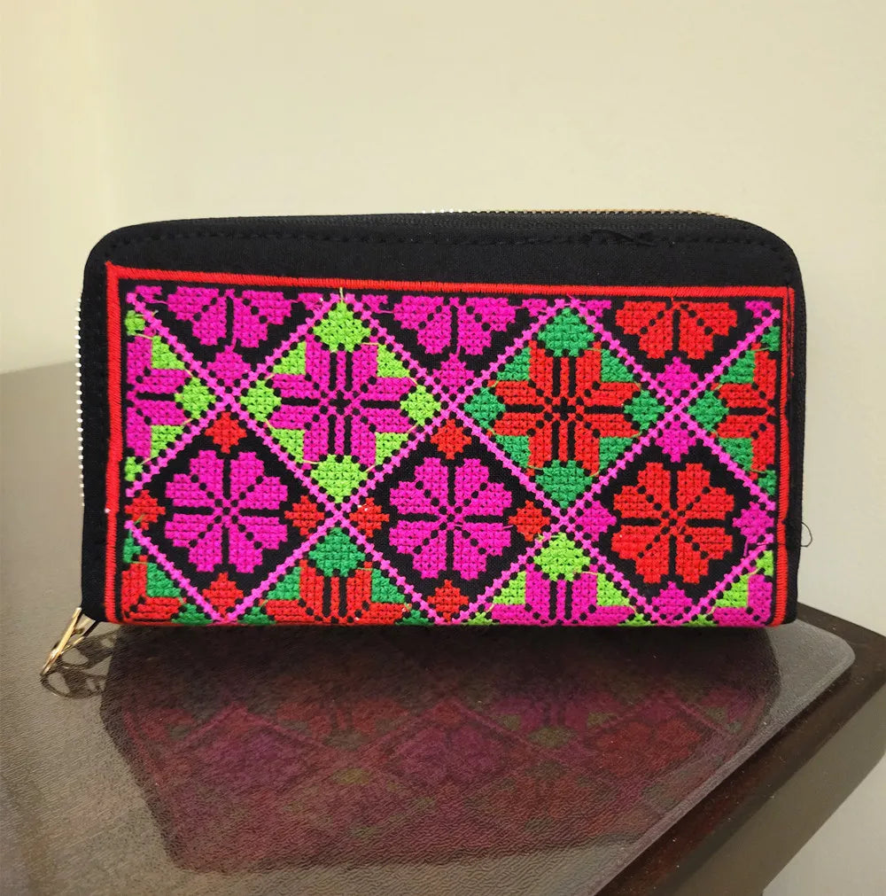 Women'S Wallet Ethnic Embroidery Women Long Wallet High-Capacity Zipper Wallet Canvas Purses Clutch Bags Female Bag