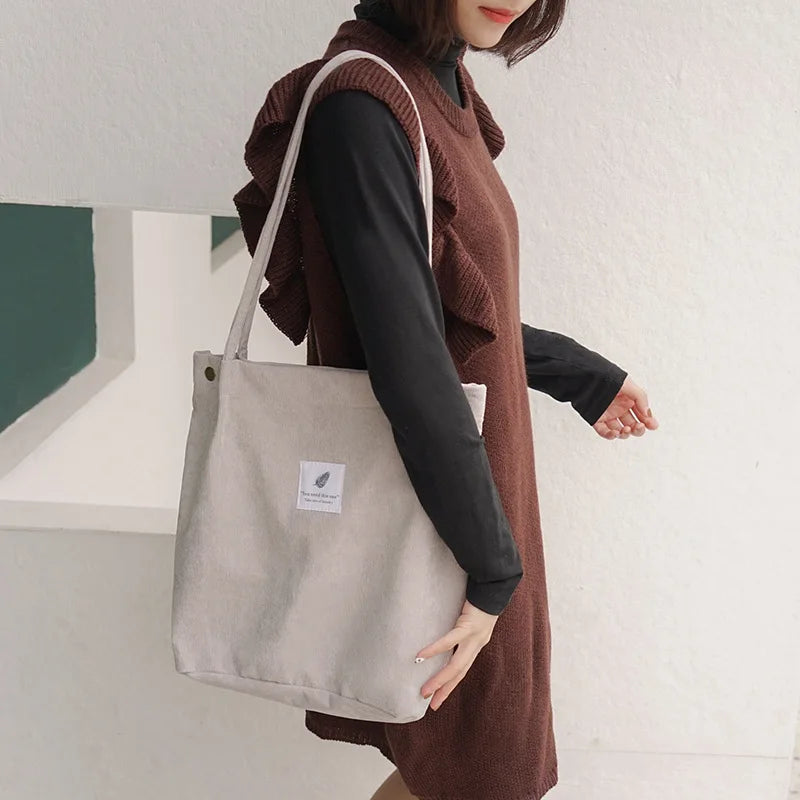 Women Corduroy Canvas Shoulder Bags Female Eco Cloth Shopper Handbag Books Tote Grocery Carry Purse Solid Designer Shopping Bag