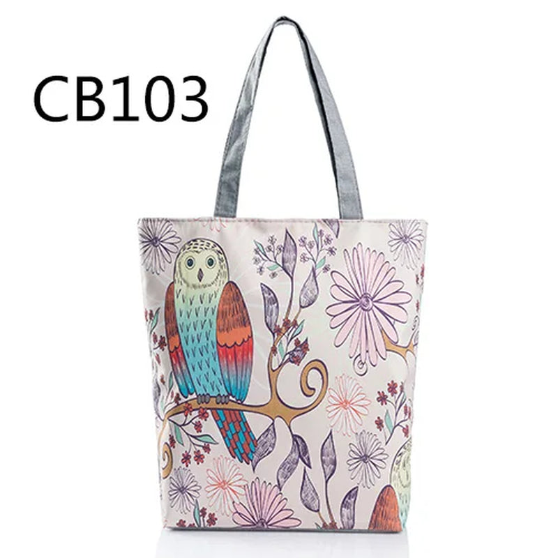Floral and Owl Printed Women'S Casual Tote Female Daily Use Female Shopping Bag Ladies Single Shoulder Handbag Simple Beach Bag