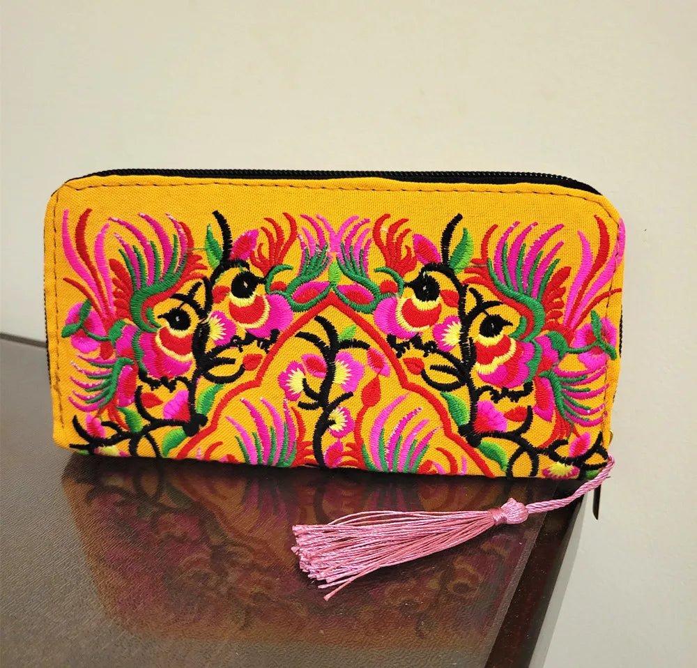 Women'S Wallet Ethnic Embroidery Women Long Wallet High-Capacity Zipper Wallet Canvas Purses Clutch Bags Female Bag