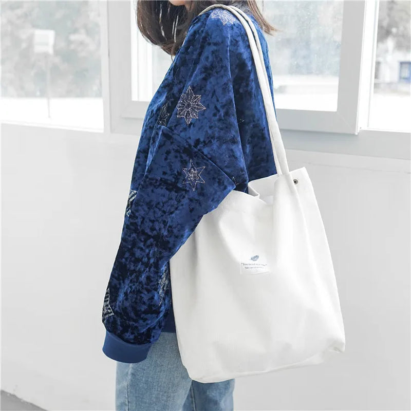 Women Corduroy Canvas Shoulder Bags Female Eco Cloth Shopper Handbag Books Tote Grocery Carry Purse Solid Designer Shopping Bag
