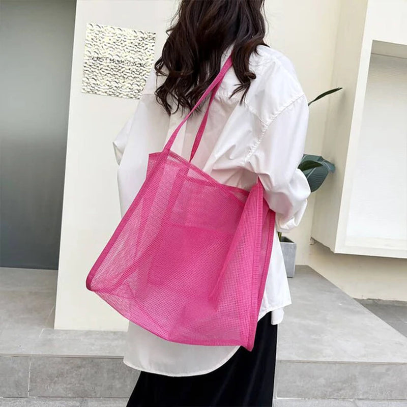 New Mesh Hollow Out Tote Bag Women Trendy Women'S Handbag Sandy Beach Shoulder Bag Large Capacity Canvas Shoping Girl Tote Sac