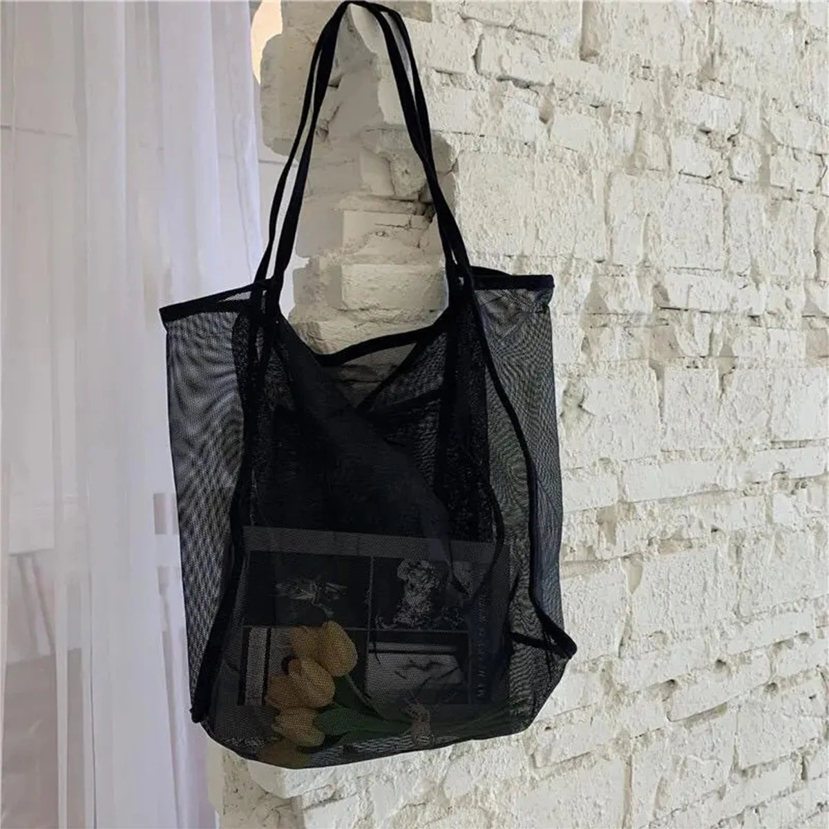 New Mesh Hollow Out Tote Bag Women Trendy Women'S Handbag Sandy Beach Shoulder Bag Large Capacity Canvas Shoping Girl Tote Sac