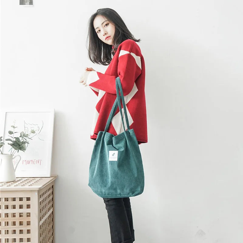 Women Corduroy Canvas Shoulder Bags Female Eco Cloth Shopper Handbag Books Tote Grocery Carry Purse Solid Designer Shopping Bag