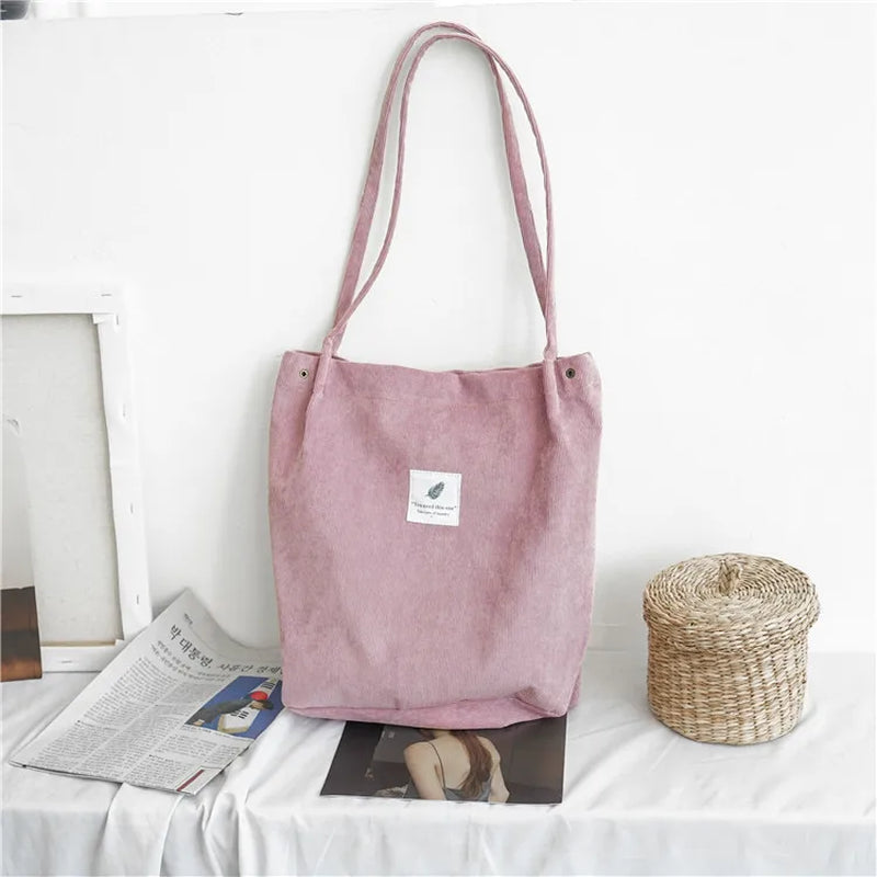 Women Corduroy Canvas Shoulder Bags Female Eco Cloth Shopper Handbag Books Tote Grocery Carry Purse Solid Designer Shopping Bag