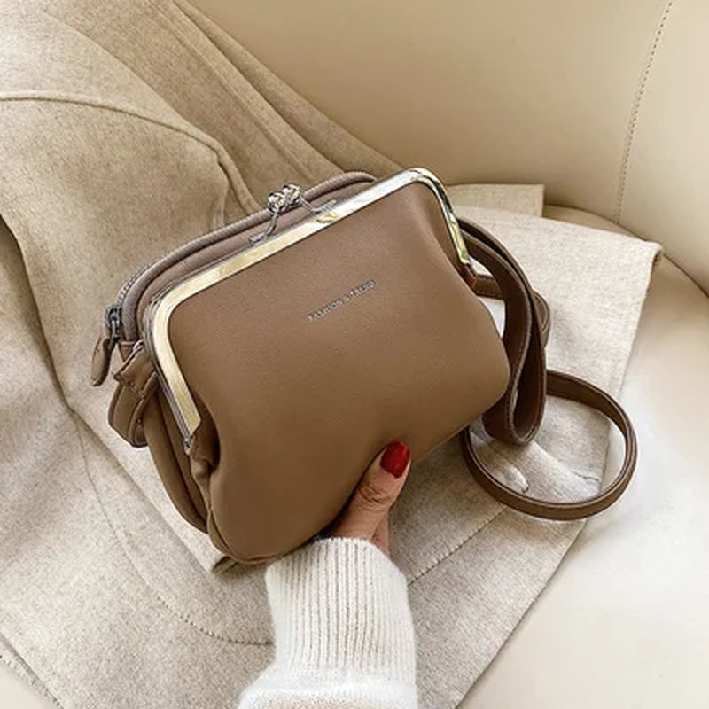 Casual Clip Bag Simple Women Messenger Bag PU Leather Lady Shoulder Crossbody Bag Kiss Lock Bags Party Evening Clutch Purse