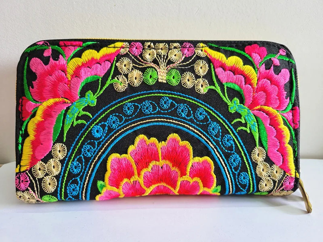Women'S Wallet Ethnic Embroidery Women Long Wallet High-Capacity Zipper Wallet Canvas Purses Clutch Bags Female Bag