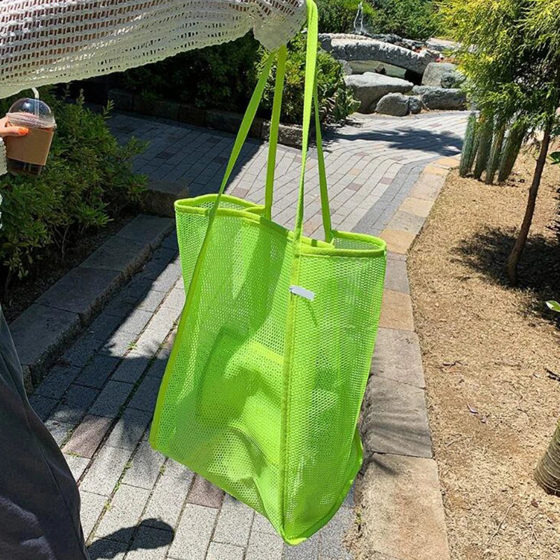 New Mesh Hollow Out Tote Bag Women Trendy Women'S Handbag Sandy Beach Shoulder Bag Large Capacity Canvas Shoping Girl Tote Sac