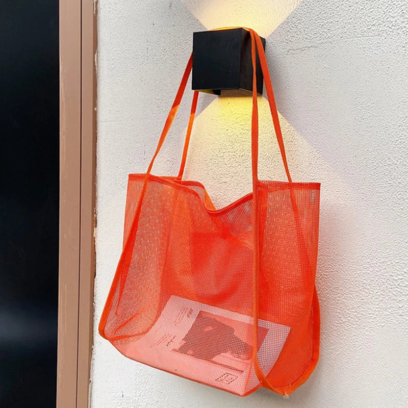 New Mesh Hollow Out Tote Bag Women Trendy Women'S Handbag Sandy Beach Shoulder Bag Large Capacity Canvas Shoping Girl Tote Sac