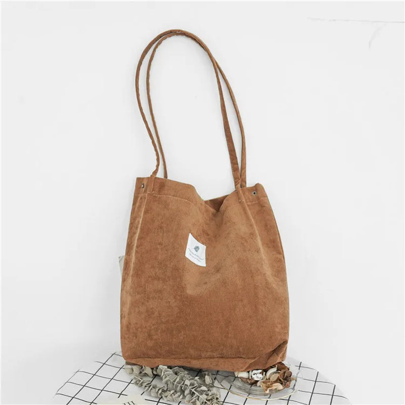 Women Corduroy Canvas Shoulder Bags Female Eco Cloth Shopper Handbag Books Tote Grocery Carry Purse Solid Designer Shopping Bag
