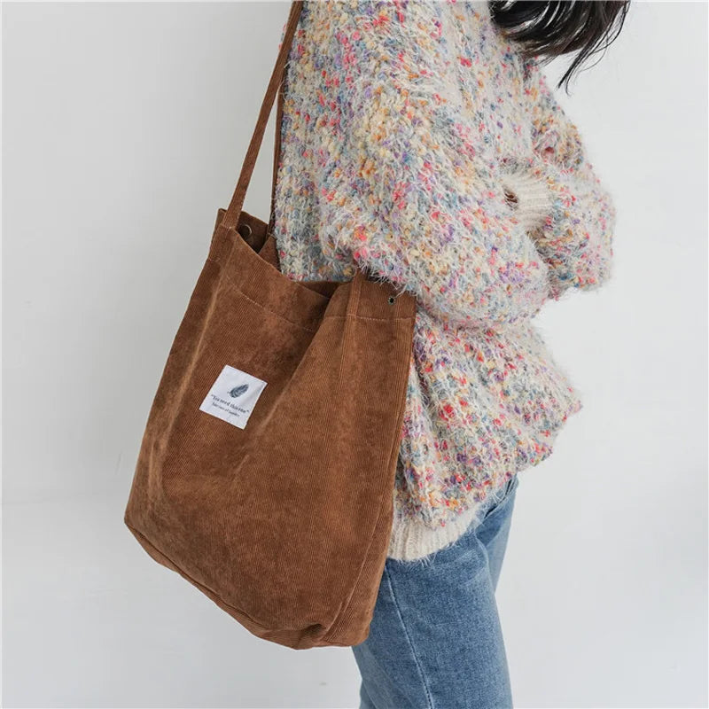 Women Corduroy Canvas Shoulder Bags Female Eco Cloth Shopper Handbag Books Tote Grocery Carry Purse Solid Designer Shopping Bag