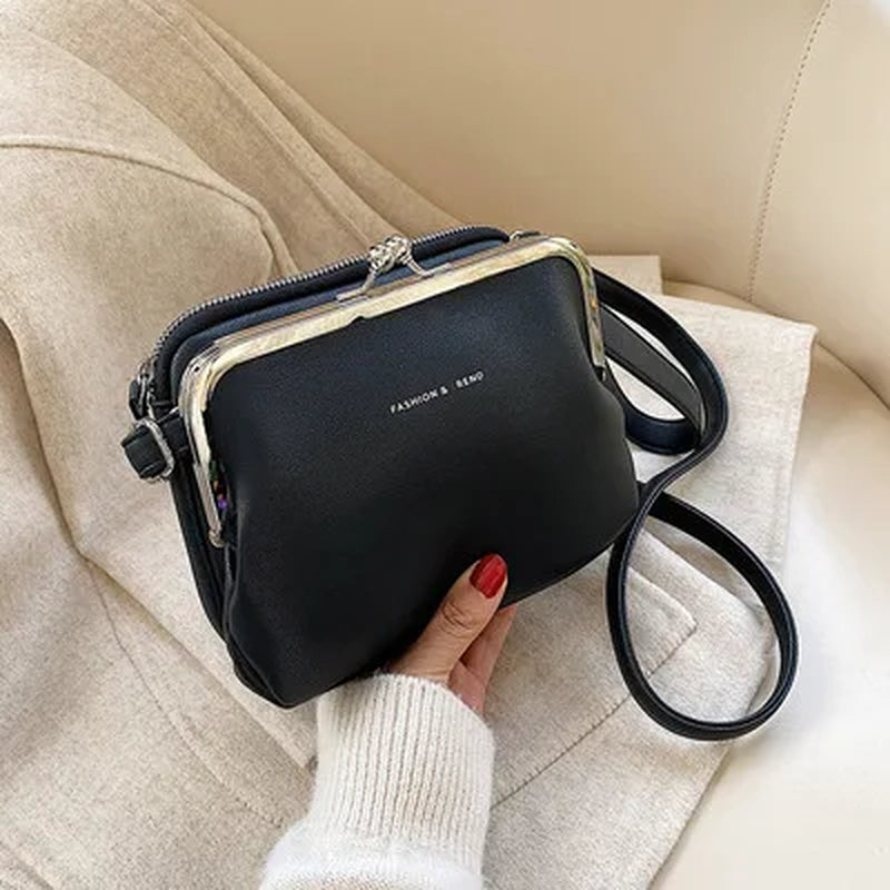 Casual Clip Bag Simple Women Messenger Bag PU Leather Lady Shoulder Crossbody Bag Kiss Lock Bags Party Evening Clutch Purse