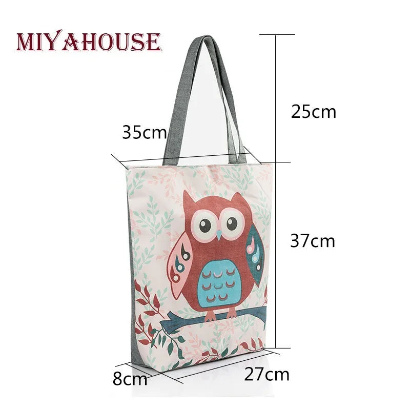 Floral and Owl Printed Women'S Casual Tote Female Daily Use Female Shopping Bag Ladies Single Shoulder Handbag Simple Beach Bag