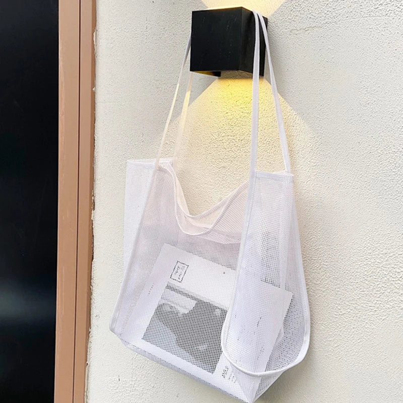 New Mesh Hollow Out Tote Bag Women Trendy Women'S Handbag Sandy Beach Shoulder Bag Large Capacity Canvas Shoping Girl Tote Sac