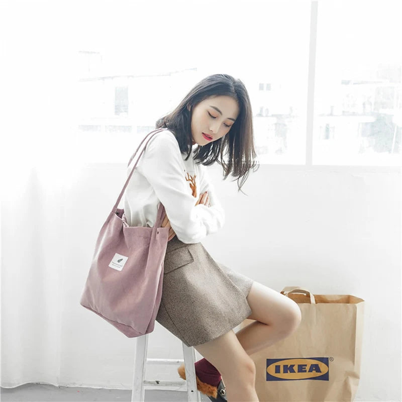 Women Corduroy Canvas Shoulder Bags Female Eco Cloth Shopper Handbag Books Tote Grocery Carry Purse Solid Designer Shopping Bag