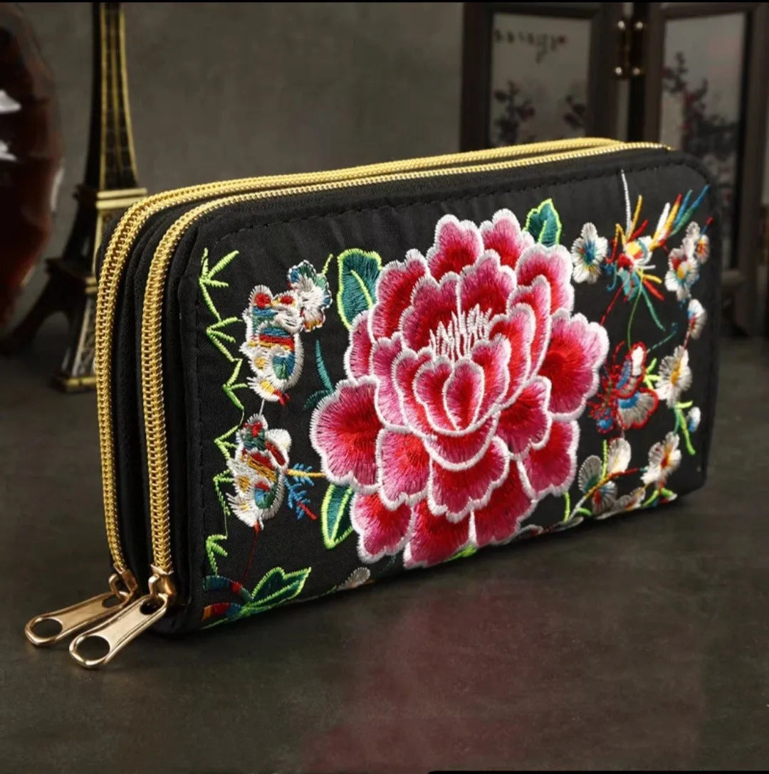 Women'S Wallet Ethnic Embroidery Women Long Wallet High-Capacity Zipper Wallet Canvas Purses Clutch Bags Female Bag