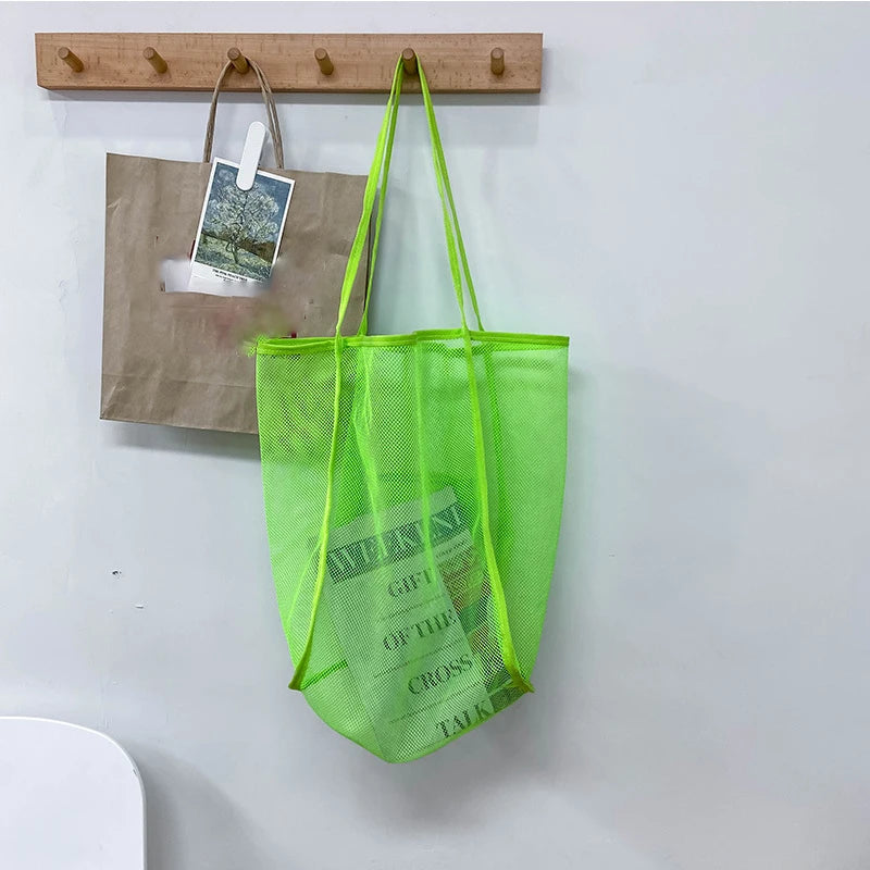 New Mesh Hollow Out Tote Bag Women Trendy Women'S Handbag Sandy Beach Shoulder Bag Large Capacity Canvas Shoping Girl Tote Sac