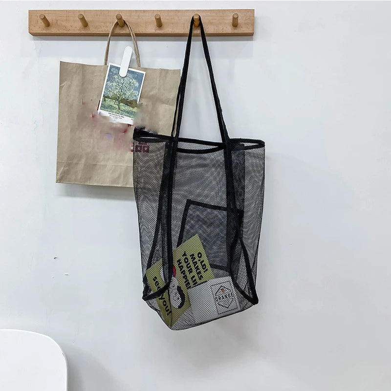 New Mesh Hollow Out Tote Bag Women Trendy Women'S Handbag Sandy Beach Shoulder Bag Large Capacity Canvas Shoping Girl Tote Sac