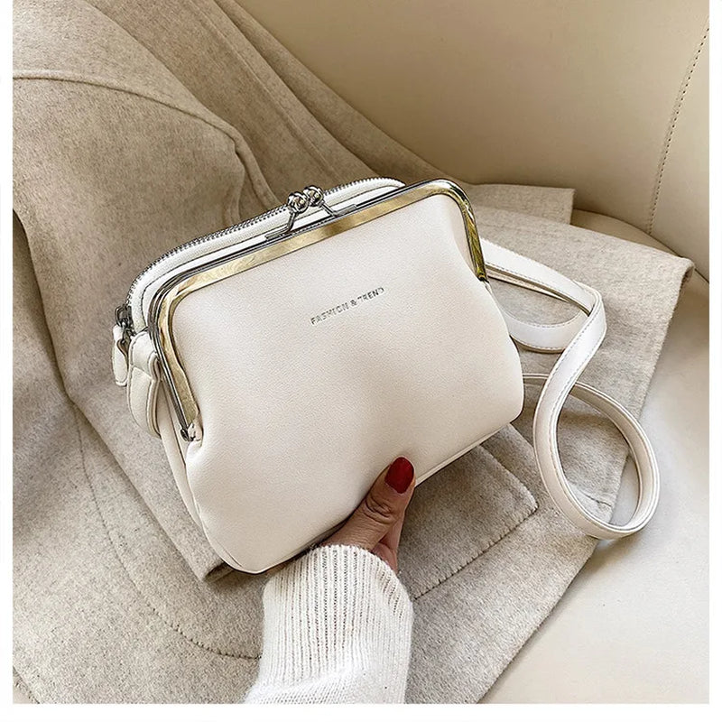 Casual Clip Bag Simple Women Messenger Bag PU Leather Lady Shoulder Crossbody Bag Kiss Lock Bags Party Evening Clutch Purse