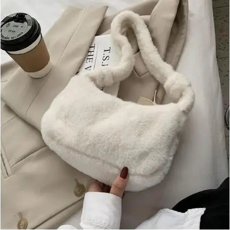 Simple Design Women Soft Plush Hobos Shoulder Bags Winter Furry Ladies Clutch Purse Handbag Fashion Female Underarm Bag
