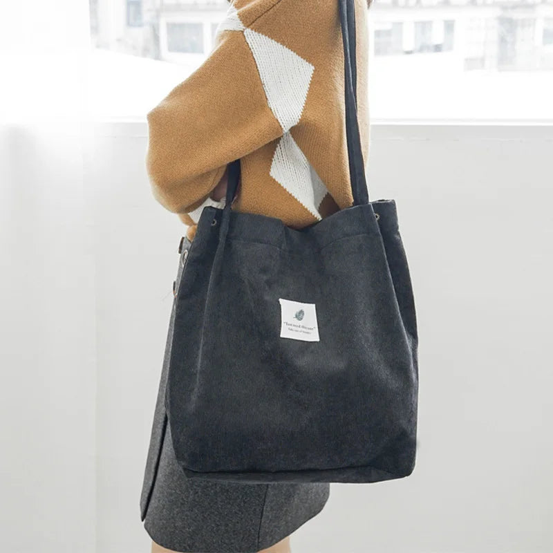 Women Corduroy Canvas Shoulder Bags Female Eco Cloth Shopper Handbag Books Tote Grocery Carry Purse Solid Designer Shopping Bag