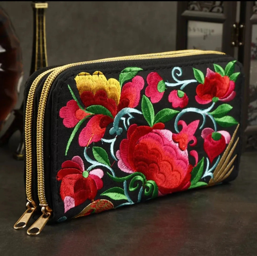Women'S Wallet Ethnic Embroidery Women Long Wallet High-Capacity Zipper Wallet Canvas Purses Clutch Bags Female Bag