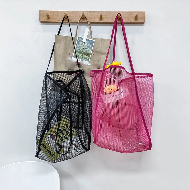 New Mesh Hollow Out Tote Bag Women Trendy Women'S Handbag Sandy Beach Shoulder Bag Large Capacity Canvas Shoping Girl Tote Sac