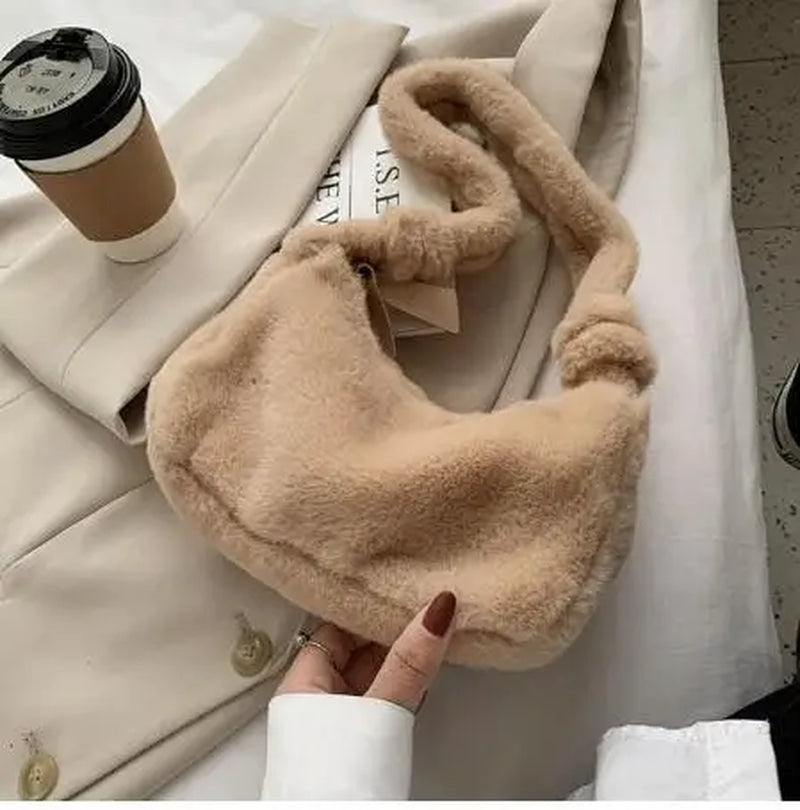 Simple Design Women Soft Plush Hobos Shoulder Bags Winter Furry Ladies Clutch Purse Handbag Fashion Female Underarm Bag