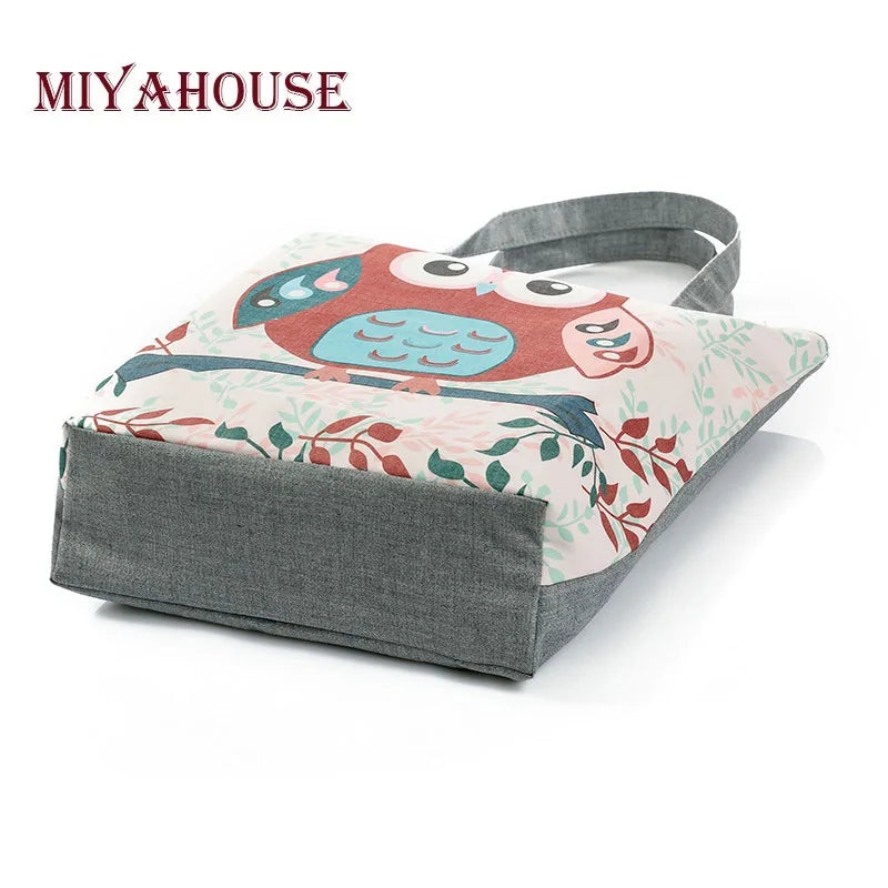 Floral and Owl Printed Women'S Casual Tote Female Daily Use Female Shopping Bag Ladies Single Shoulder Handbag Simple Beach Bag