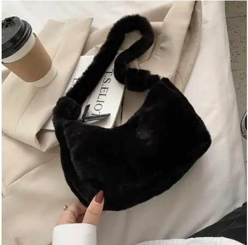 Simple Design Women Soft Plush Hobos Shoulder Bags Winter Furry Ladies Clutch Purse Handbag Fashion Female Underarm Bag