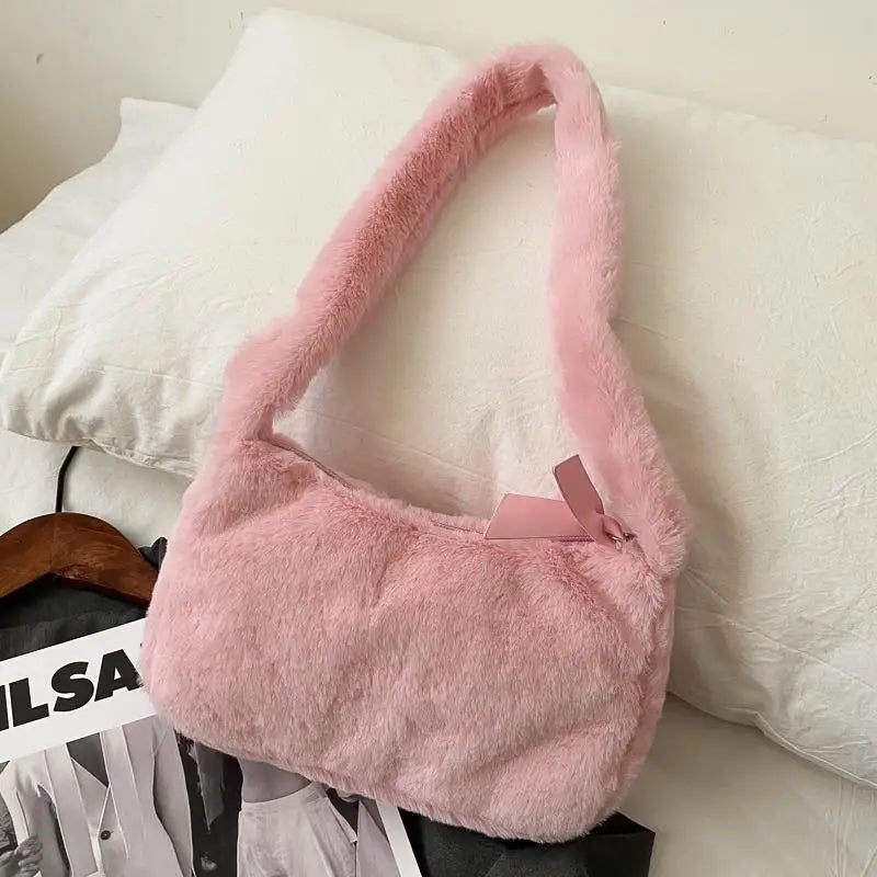 Simple Design Women Soft Plush Hobos Shoulder Bags Winter Furry Ladies Clutch Purse Handbag Fashion Female Underarm Bag
