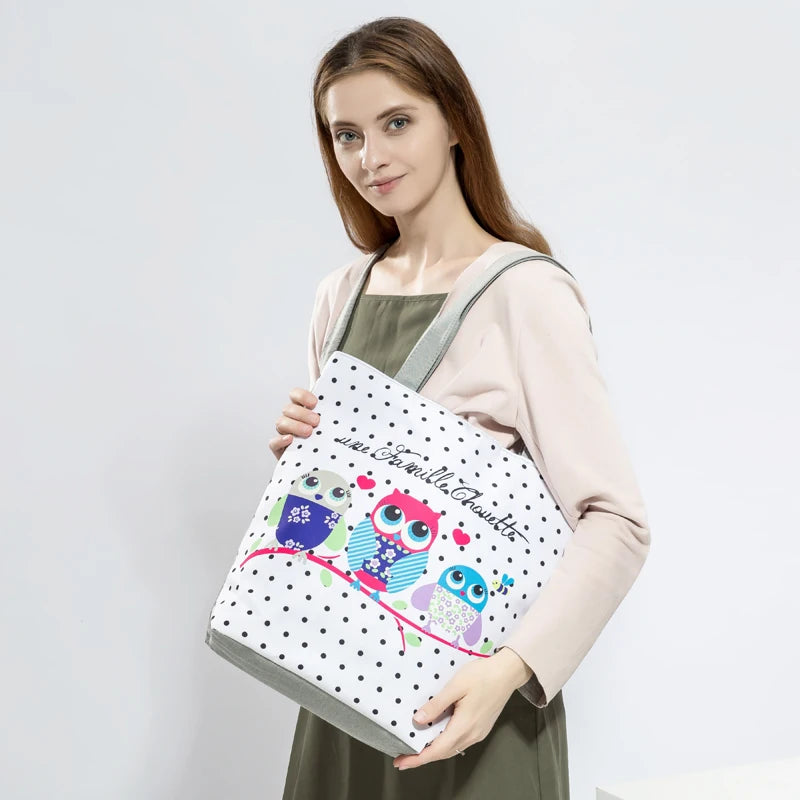 Floral and Owl Printed Women'S Casual Tote Female Daily Use Female Shopping Bag Ladies Single Shoulder Handbag Simple Beach Bag