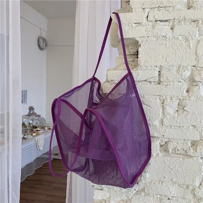 New Mesh Hollow Out Tote Bag Women Trendy Women'S Handbag Sandy Beach Shoulder Bag Large Capacity Canvas Shoping Girl Tote Sac