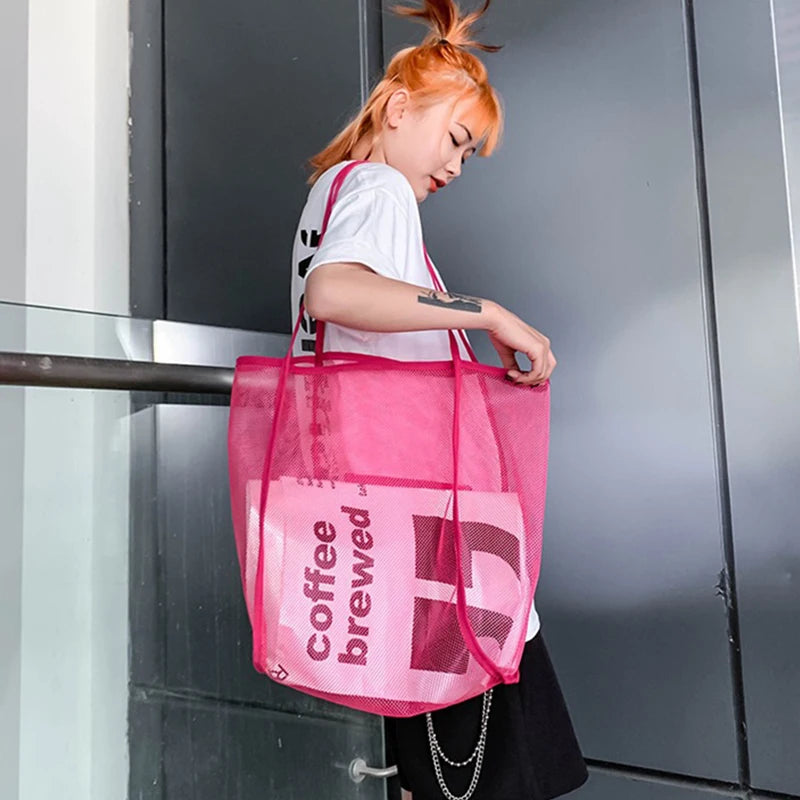 New Mesh Hollow Out Tote Bag Women Trendy Women'S Handbag Sandy Beach Shoulder Bag Large Capacity Canvas Shoping Girl Tote Sac