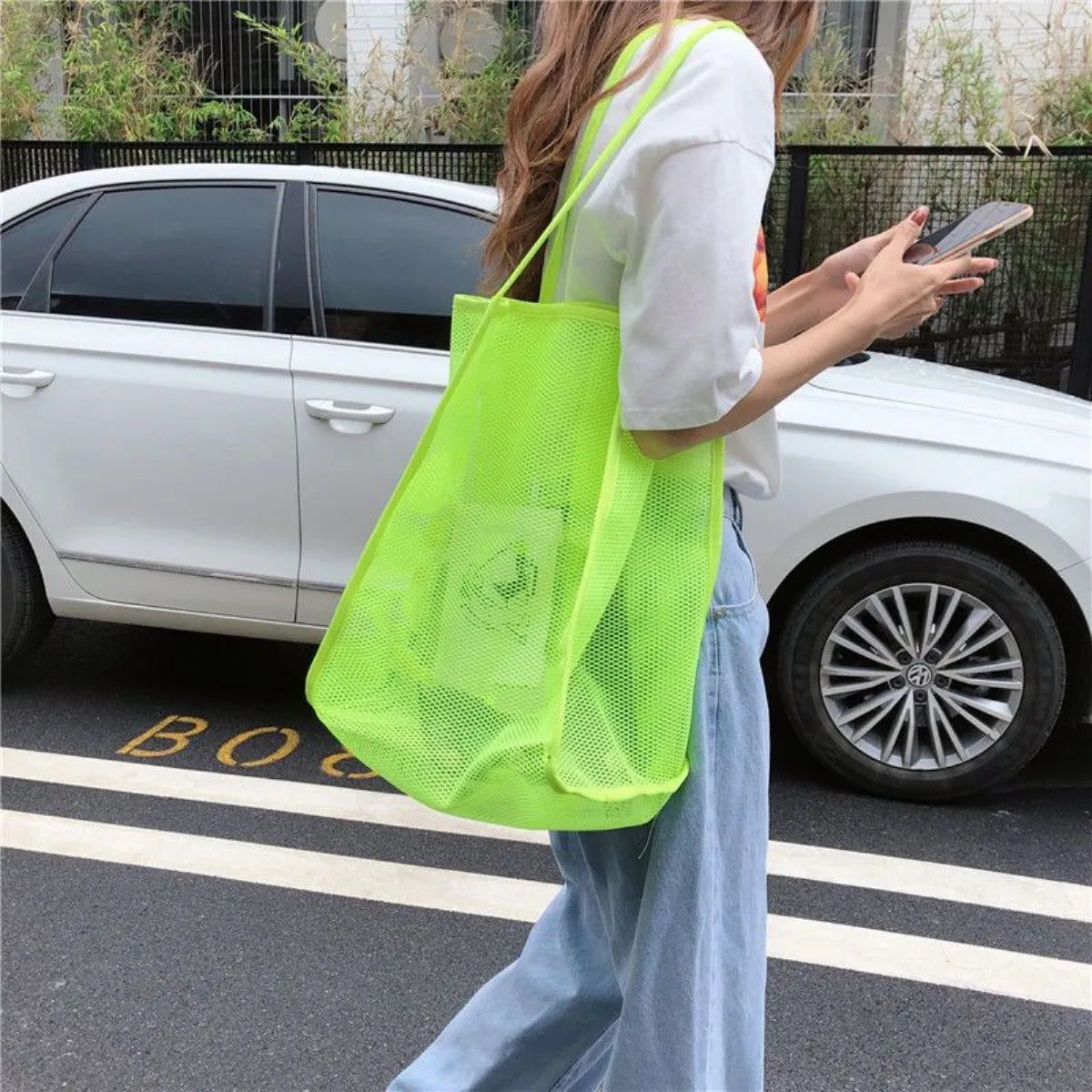 New Mesh Hollow Out Tote Bag Women Trendy Women'S Handbag Sandy Beach Shoulder Bag Large Capacity Canvas Shoping Girl Tote Sac