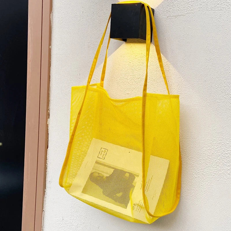 New Mesh Hollow Out Tote Bag Women Trendy Women'S Handbag Sandy Beach Shoulder Bag Large Capacity Canvas Shoping Girl Tote Sac