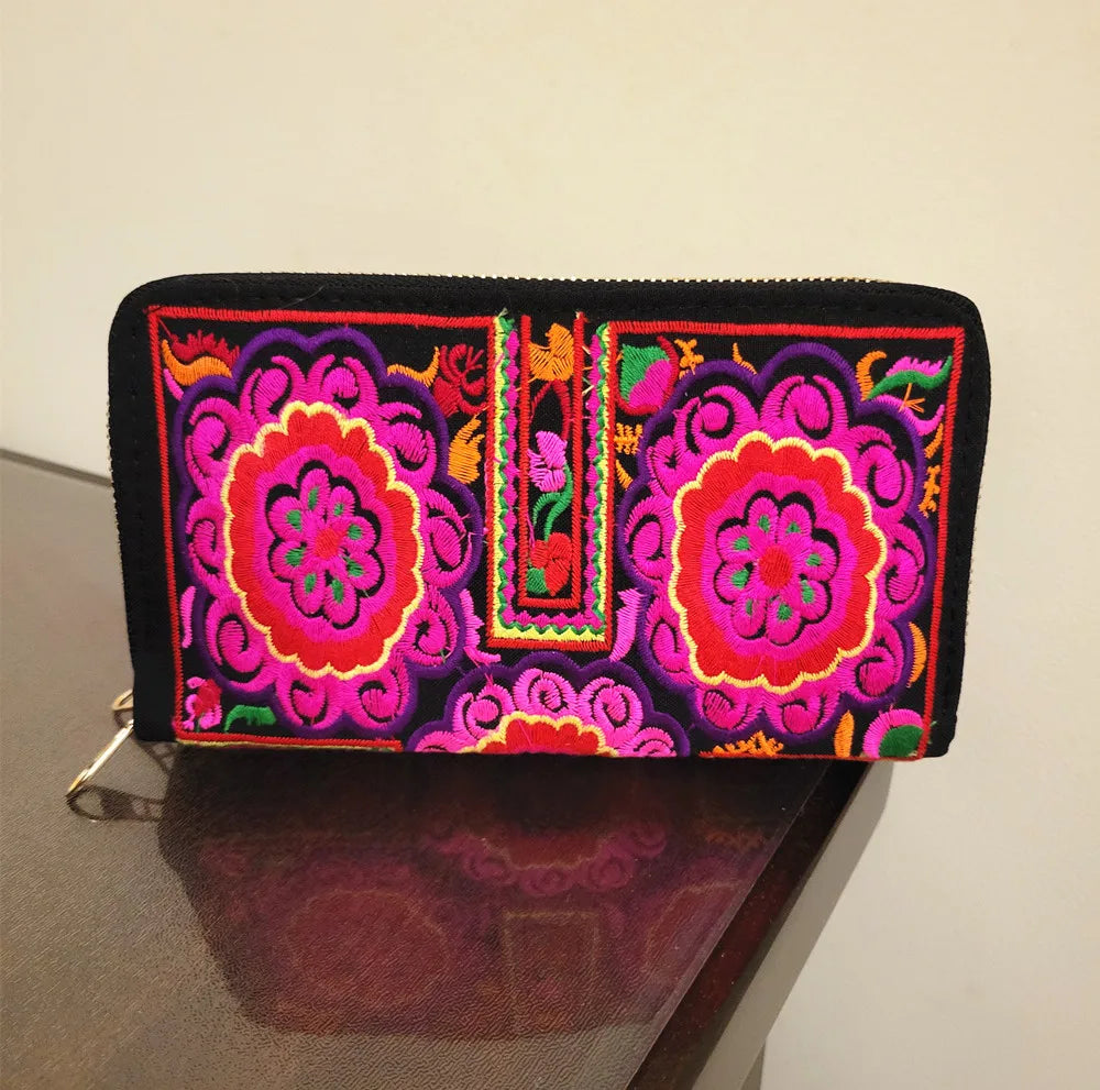 Women'S Wallet Ethnic Embroidery Women Long Wallet High-Capacity Zipper Wallet Canvas Purses Clutch Bags Female Bag