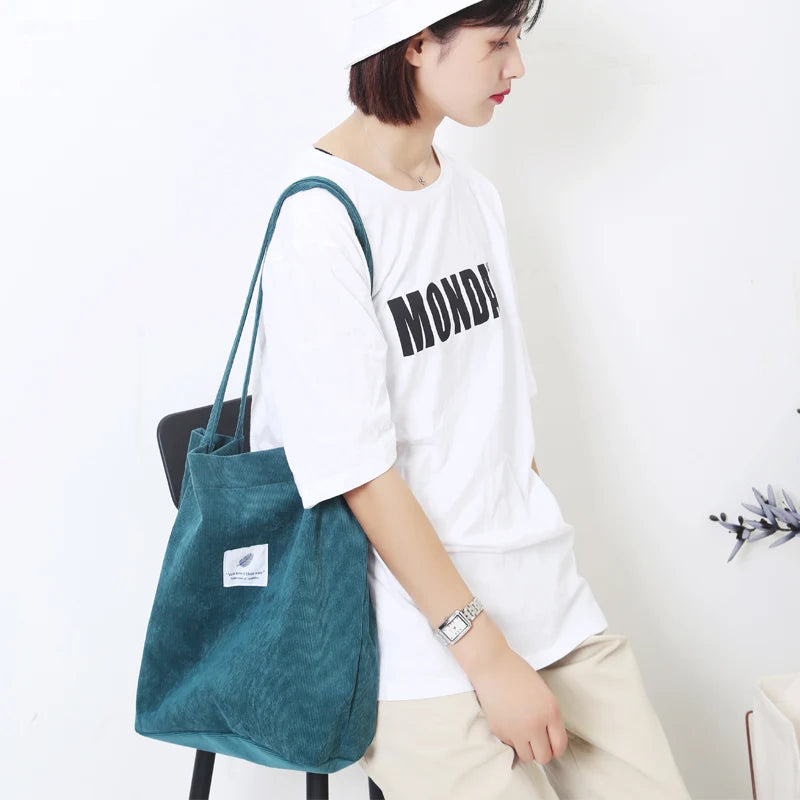 Women Corduroy Canvas Shoulder Bags Female Eco Cloth Shopper Handbag Books Tote Grocery Carry Purse Solid Designer Shopping Bag