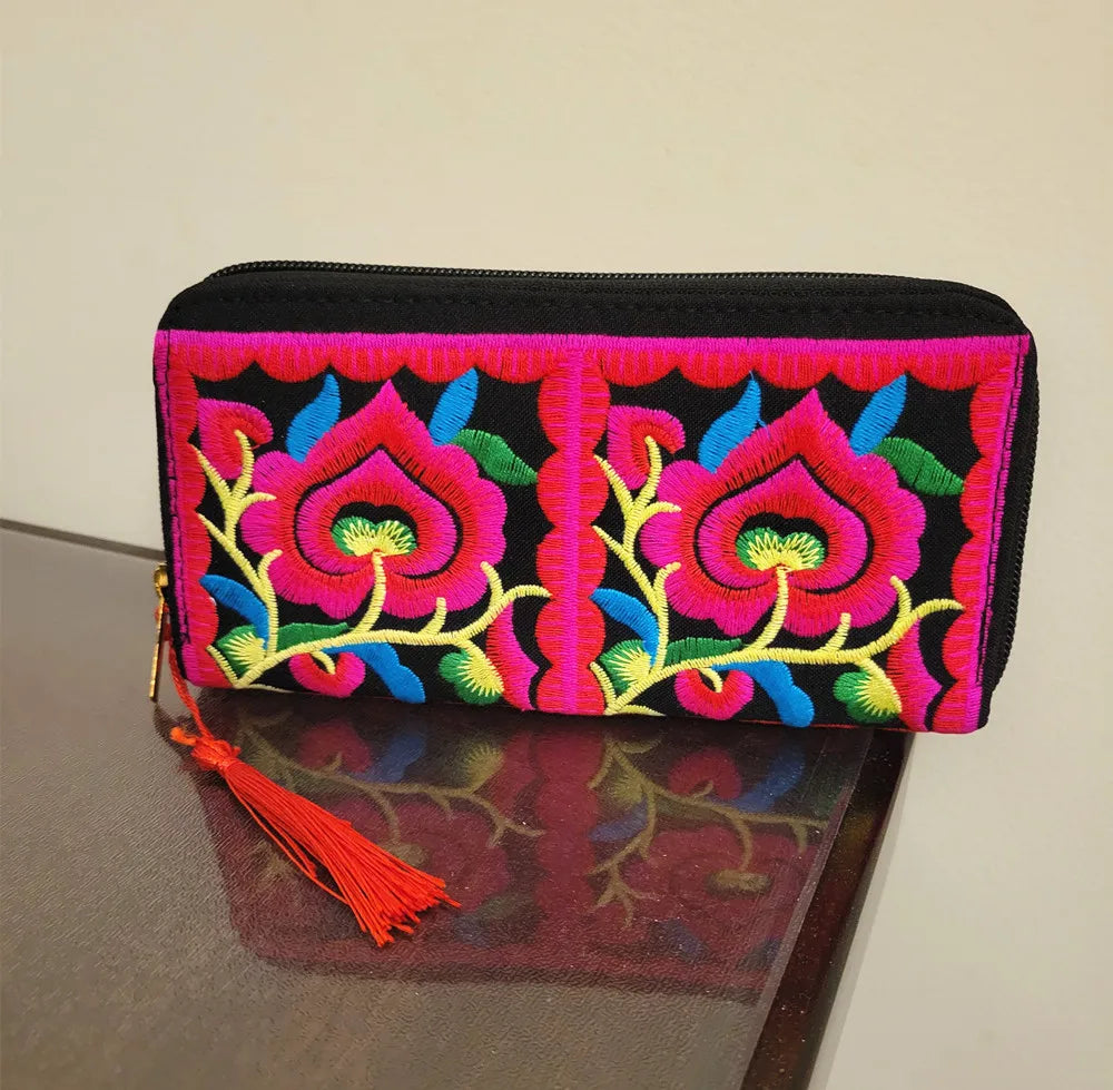 Women'S Wallet Ethnic Embroidery Women Long Wallet High-Capacity Zipper Wallet Canvas Purses Clutch Bags Female Bag