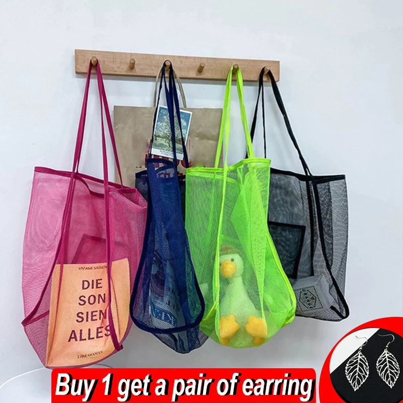 New Mesh Hollow Out Tote Bag Women Trendy Women'S Handbag Sandy Beach Shoulder Bag Large Capacity Canvas Shoping Girl Tote Sac
