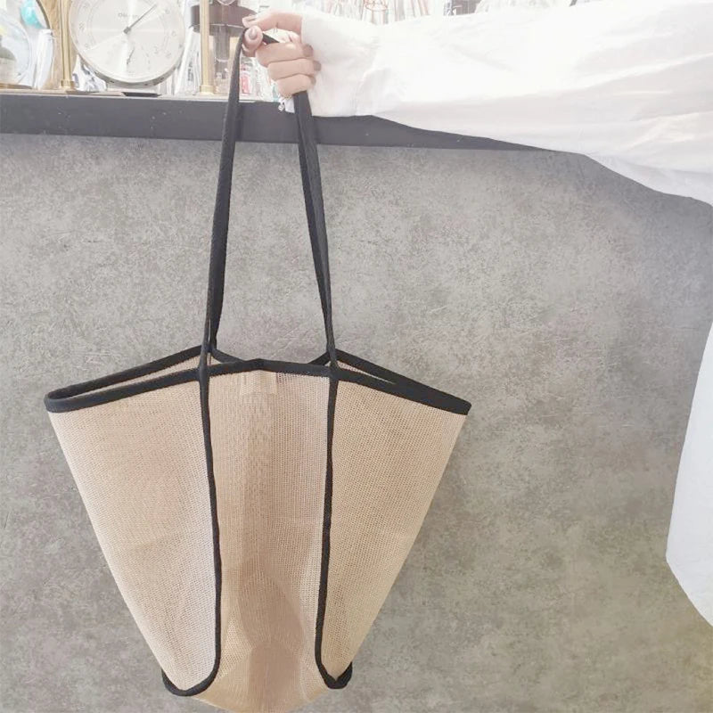 New Mesh Hollow Out Tote Bag Women Trendy Women'S Handbag Sandy Beach Shoulder Bag Large Capacity Canvas Shoping Girl Tote Sac