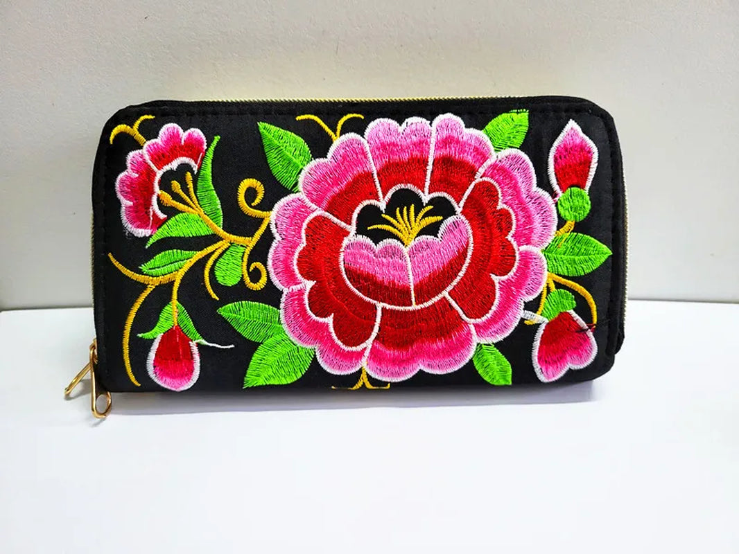 Women'S Wallet Ethnic Embroidery Women Long Wallet High-Capacity Zipper Wallet Canvas Purses Clutch Bags Female Bag