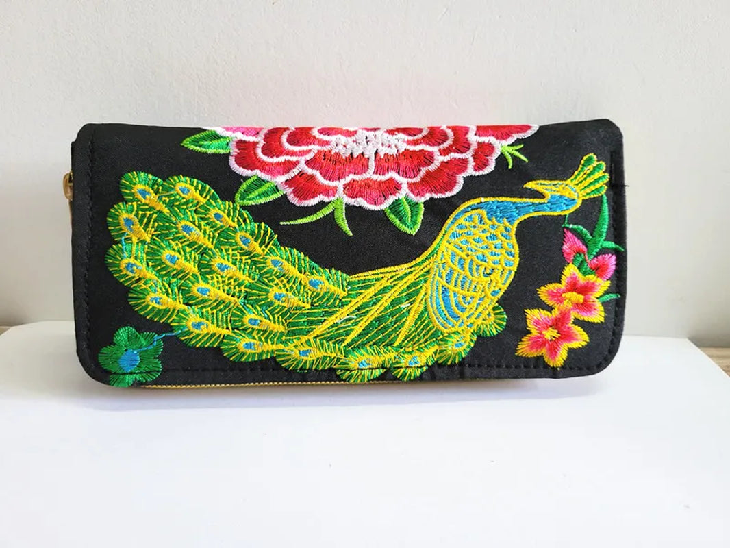 Women'S Wallet Ethnic Embroidery Women Long Wallet High-Capacity Zipper Wallet Canvas Purses Clutch Bags Female Bag