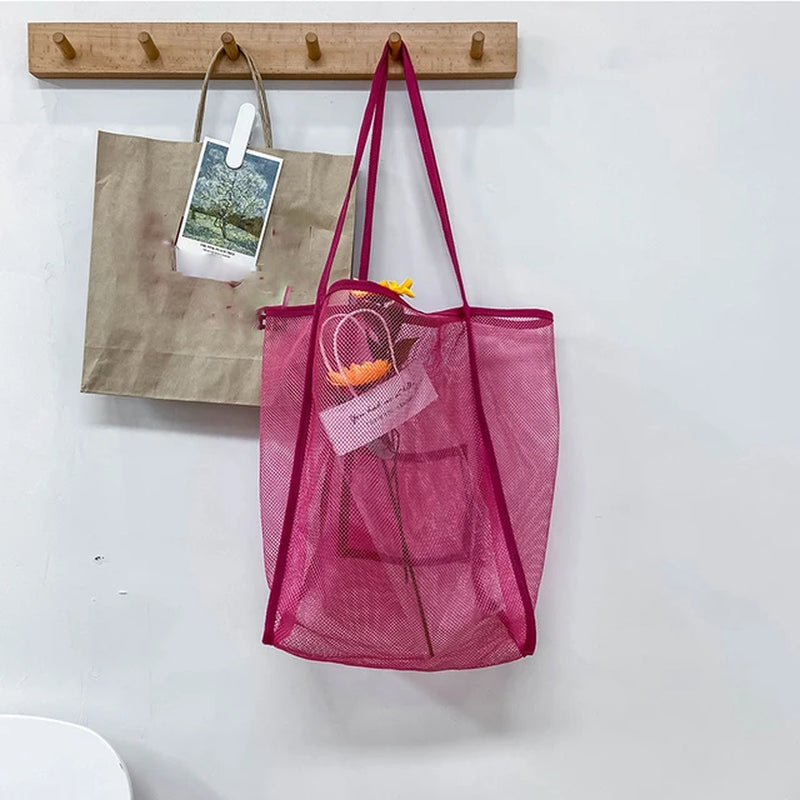 New Mesh Hollow Out Tote Bag Women Trendy Women'S Handbag Sandy Beach Shoulder Bag Large Capacity Canvas Shoping Girl Tote Sac