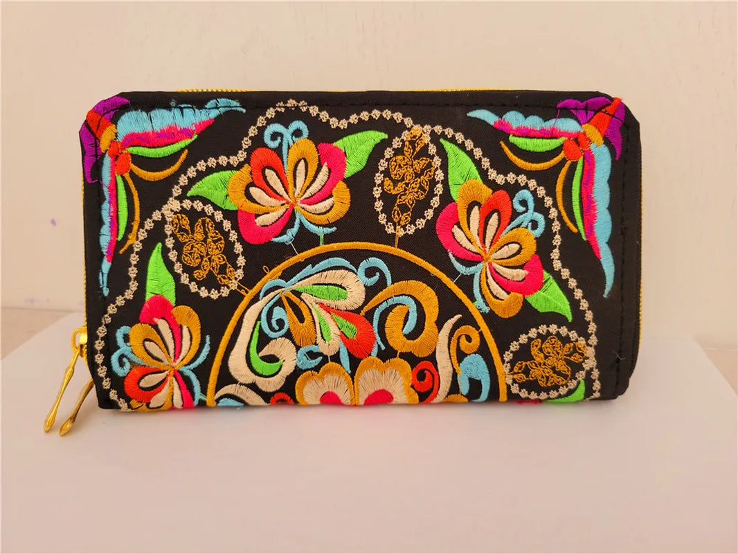 Women'S Wallet Ethnic Embroidery Women Long Wallet High-Capacity Zipper Wallet Canvas Purses Clutch Bags Female Bag