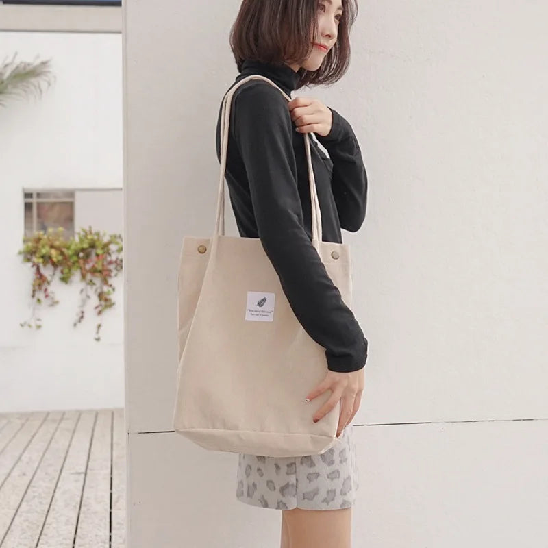 Women Corduroy Canvas Shoulder Bags Female Eco Cloth Shopper Handbag Books Tote Grocery Carry Purse Solid Designer Shopping Bag