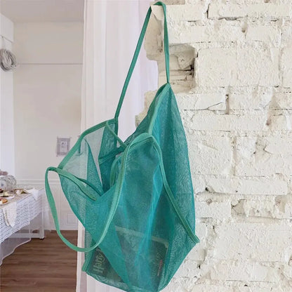 New Mesh Hollow Out Tote Bag Women Trendy Women'S Handbag Sandy Beach Shoulder Bag Large Capacity Canvas Shoping Girl Tote Sac