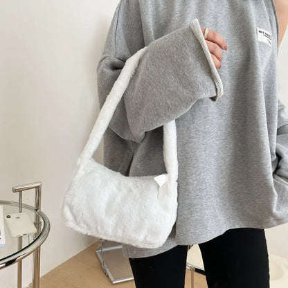 Simple Design Women Soft Plush Hobos Shoulder Bags Winter Furry Ladies Clutch Purse Handbag Fashion Female Underarm Bag