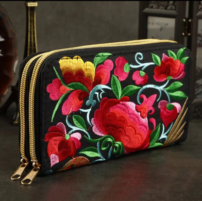 Women'S Wallet Ethnic Embroidery Women Long Wallet High-Capacity Zipper Wallet Canvas Purses Clutch Bags Female Bag