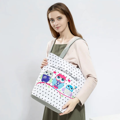 Floral and Owl Printed Women'S Casual Tote Female Daily Use Female Shopping Bag Ladies Single Shoulder Handbag Simple Beach Bag